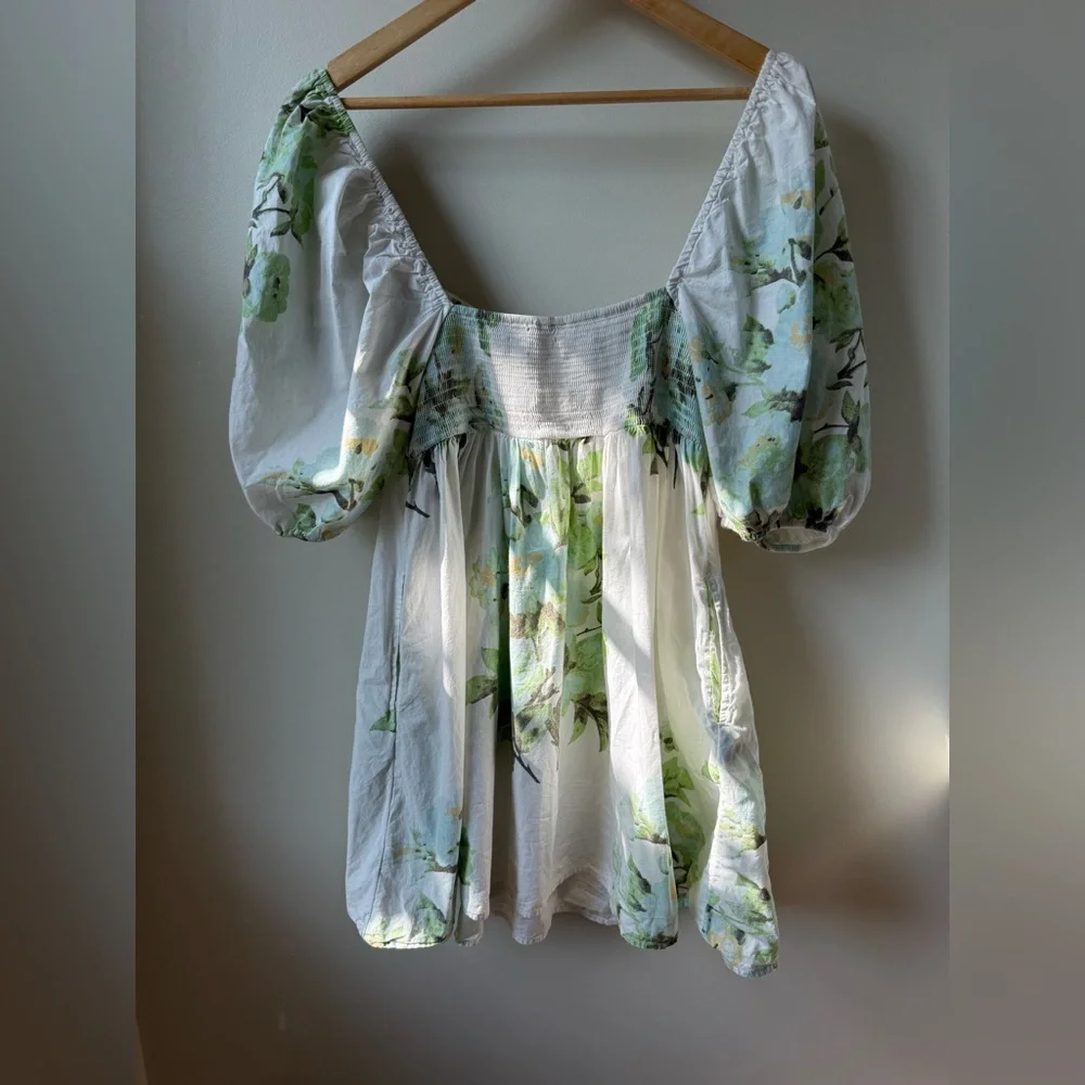 FREE PEOPLE Peony Puff Sleeve Babydoll Mini Dress Floral Milkmaid Coquette S‎